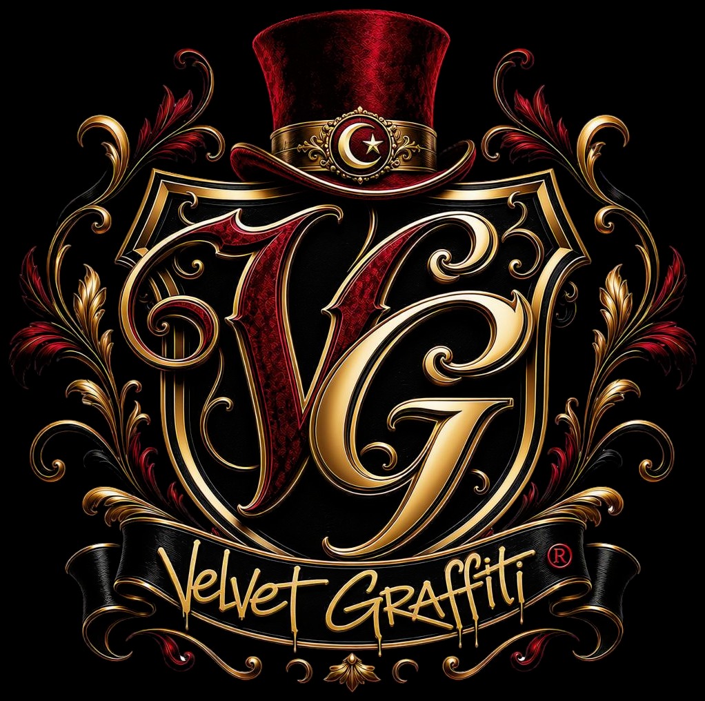 Velvet Graffiti crest — red velvet top hat, gold filigree, VG shield
